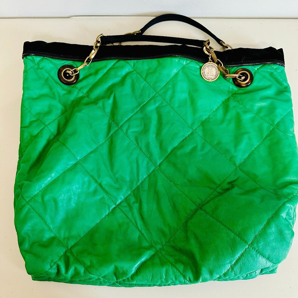 LANVIN AMALIA QUILTED GREEN LAMBSKIN LEATHER TOTE VINTAGE MADE IN ITALY